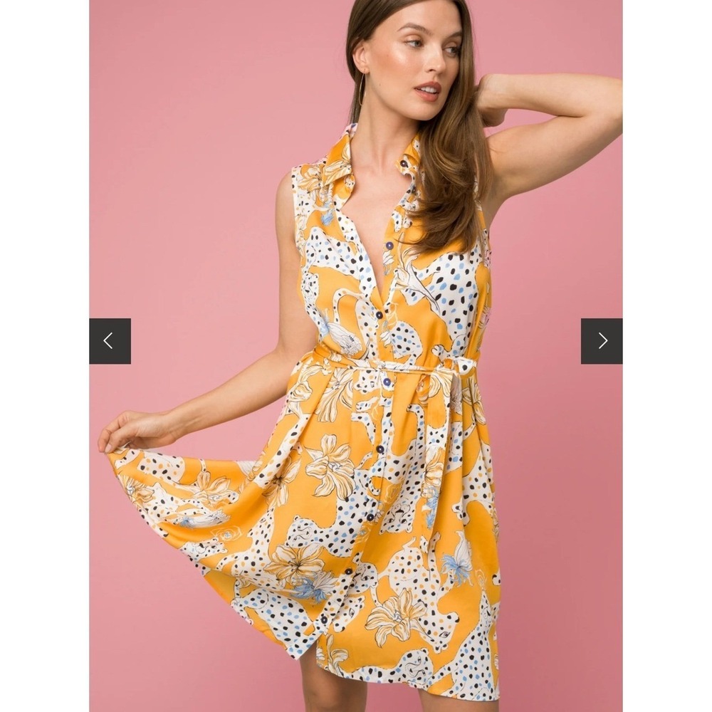 Tucker Yellow Leopard Floral Sleeveless Button Down Shirt Dress XS New